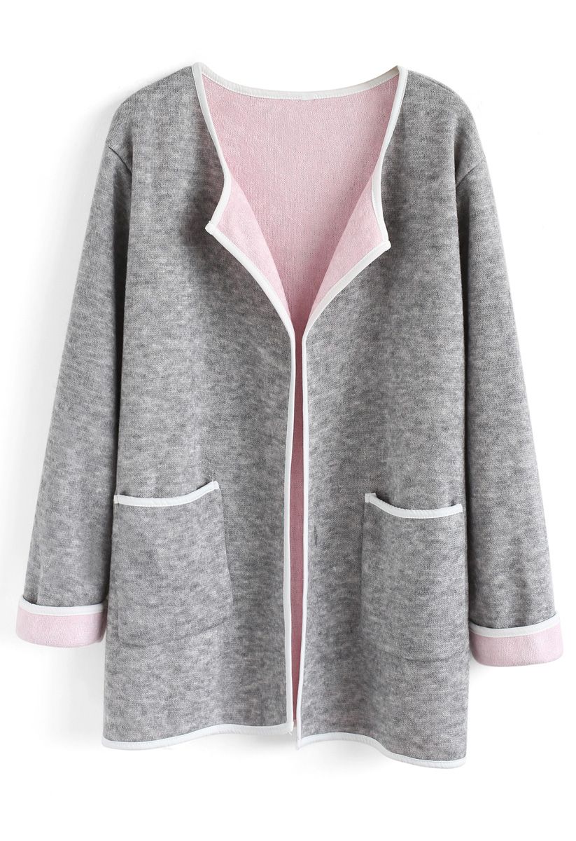 Manteau en tricot à devant ouvert et contraste contrastant gris