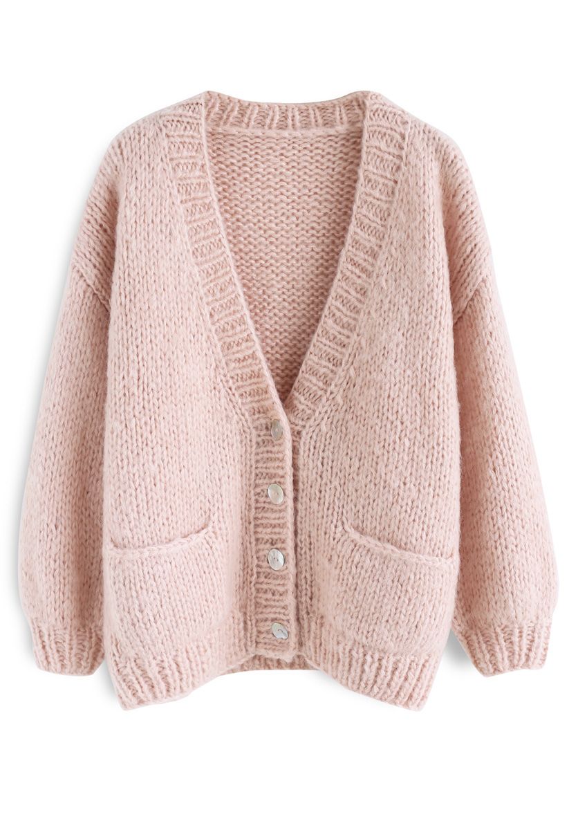 Pause pour le confortable cardigan en tricot à la main Chunky rose