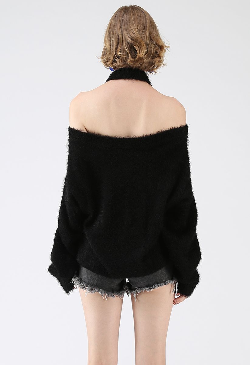 Gardez Moi Cosy Pull en maille à épaule dégagée et pelucheuse Noir