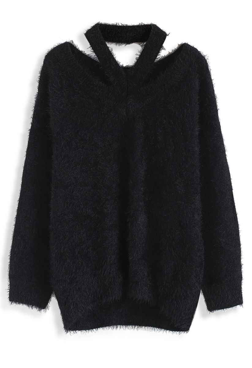 Gardez Moi Cosy Pull en maille à épaule dégagée et pelucheuse Noir