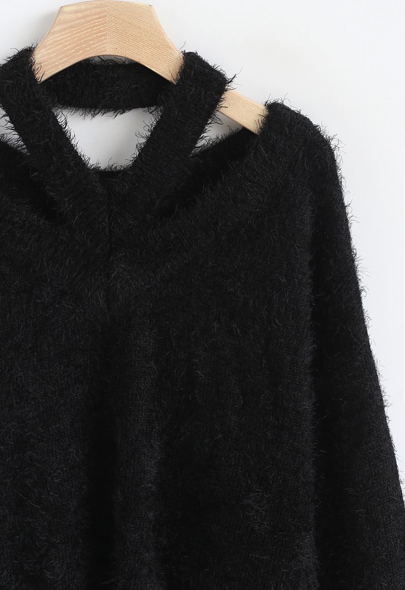 Gardez Moi Cosy Pull en maille à épaule dégagée et pelucheuse Noir