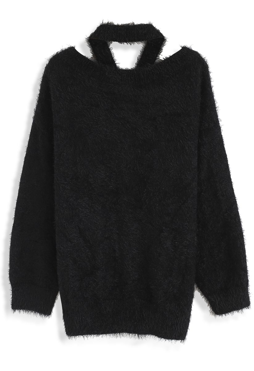 Gardez Moi Cosy Pull en maille à épaule dégagée et pelucheuse Noir