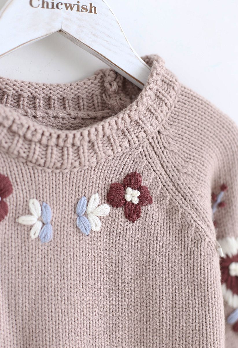 Ajouter plus de fleurs pull brodé en rose poussiéreux pour les enfants