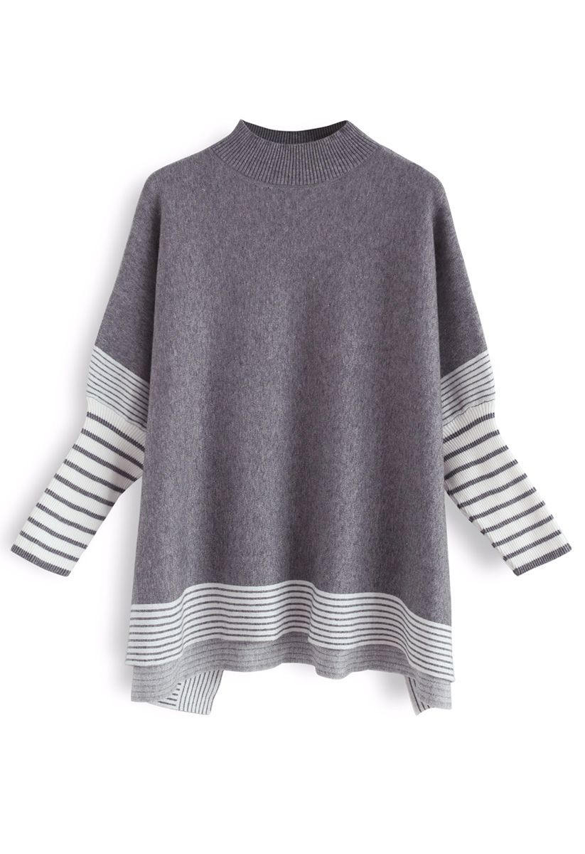 Pull à capuchon en maille oversize rayé gris foncé