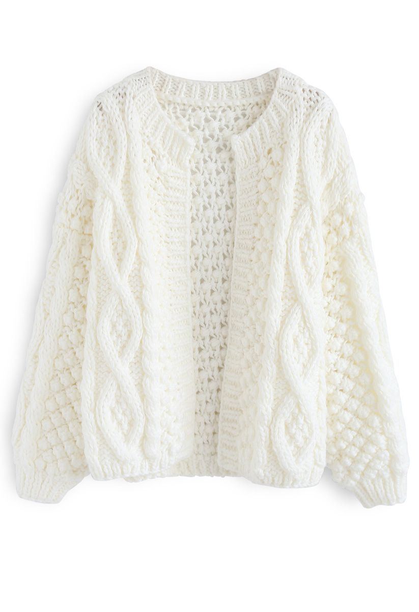 Cardigan en tricot torsadé matelassé blanc en blanc