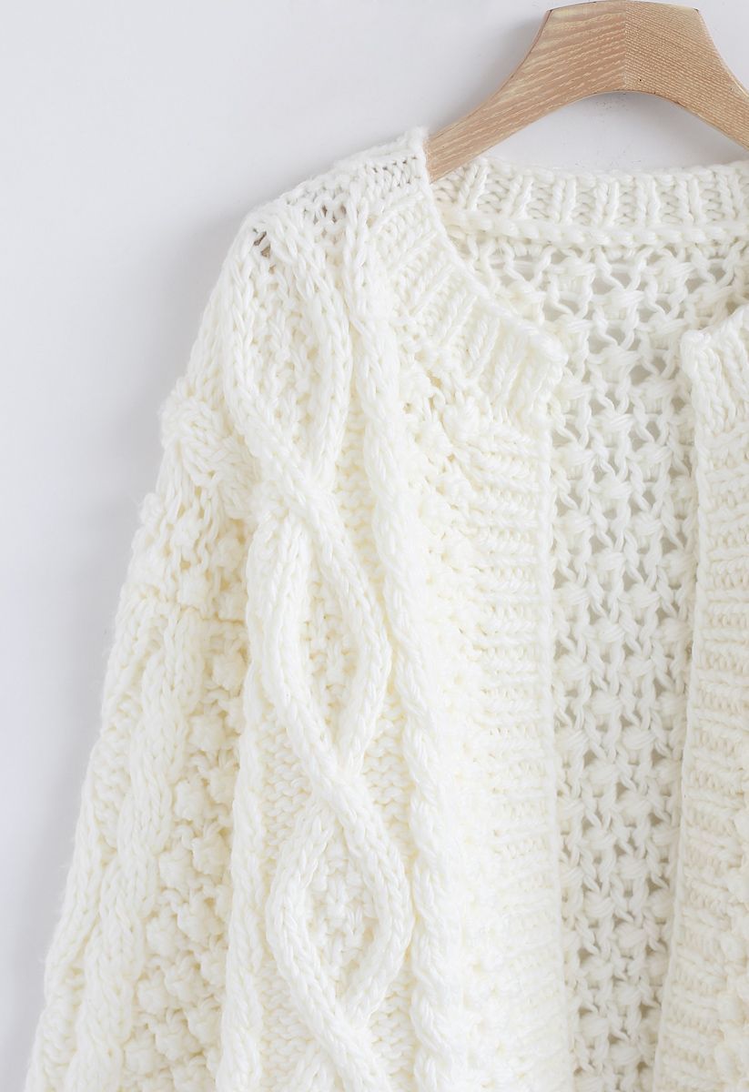 Cardigan en tricot torsadé matelassé blanc en blanc