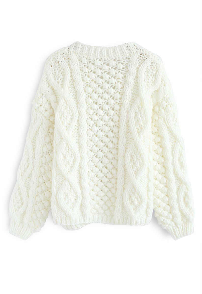 Cardigan en tricot torsadé matelassé blanc en blanc