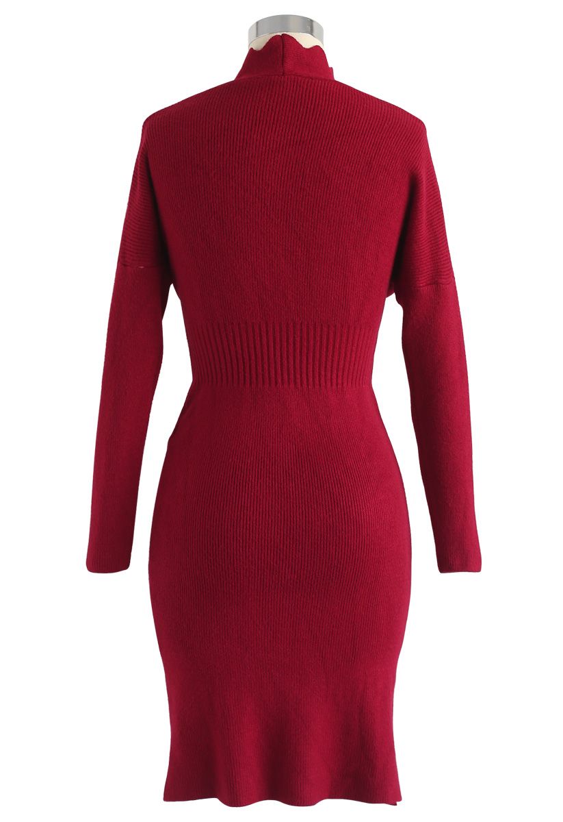 L'heure du café Wavy Wrap Knit Dress in Red