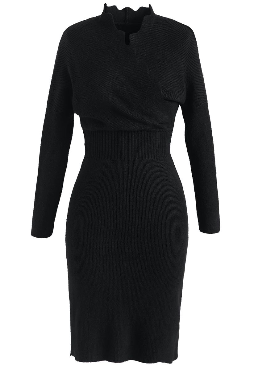 L'heure du café Wavy Wrap Knit Dress in Black