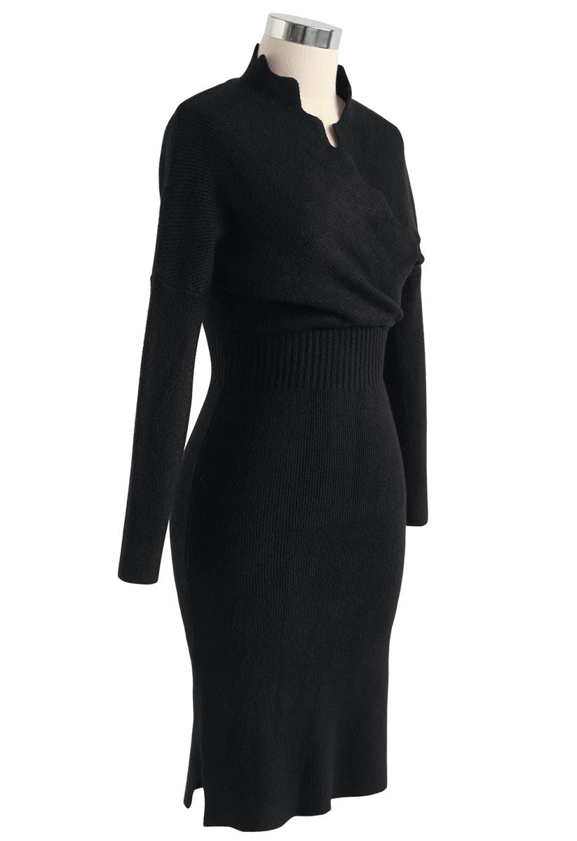 L'heure du café Wavy Wrap Knit Dress in Black