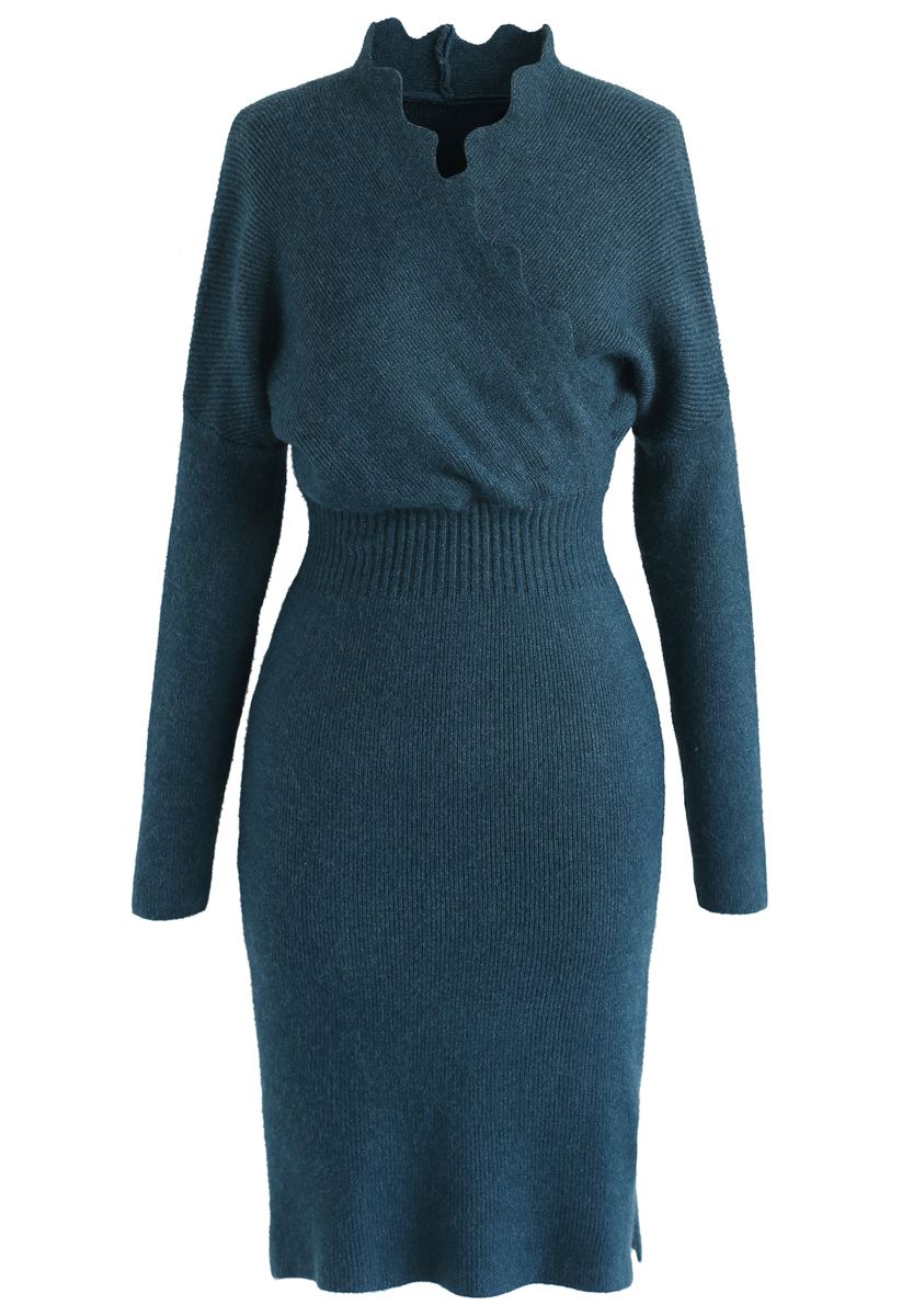 L'heure du café Wavy Wrap Knit Dress in Teal