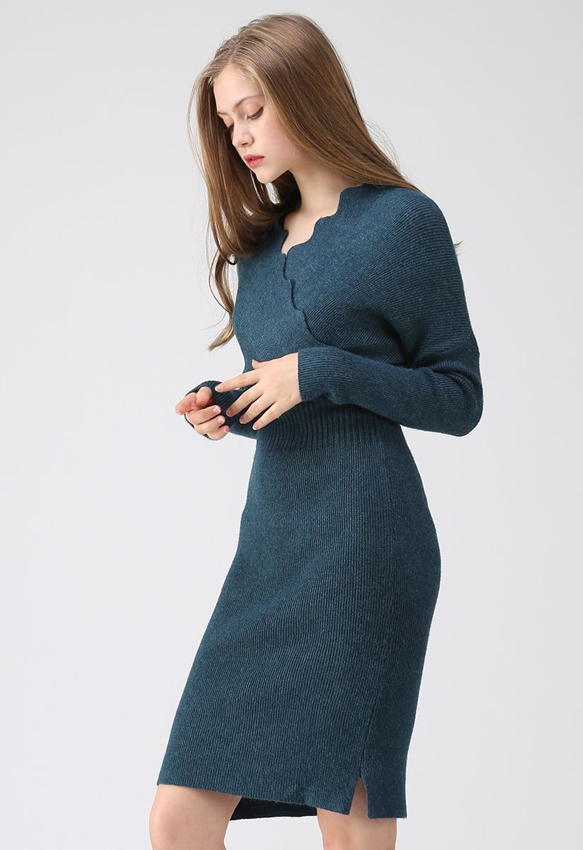 L'heure du café Wavy Wrap Knit Dress in Teal