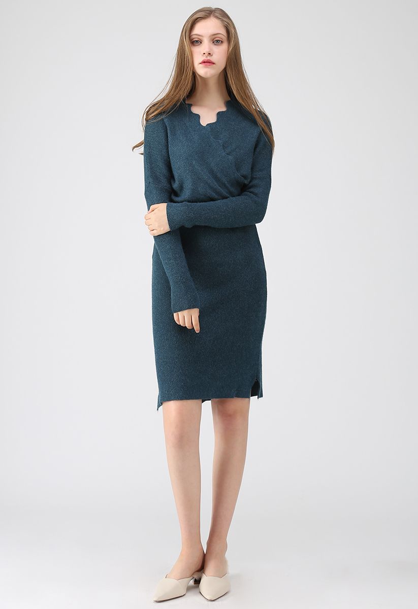 L'heure du café Wavy Wrap Knit Dress in Teal