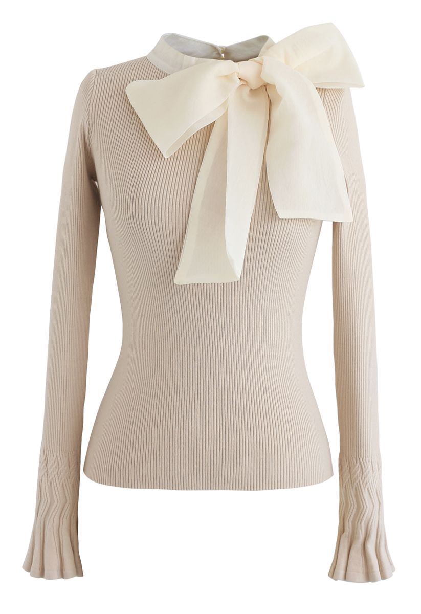 Top en tricot avec nœud beige