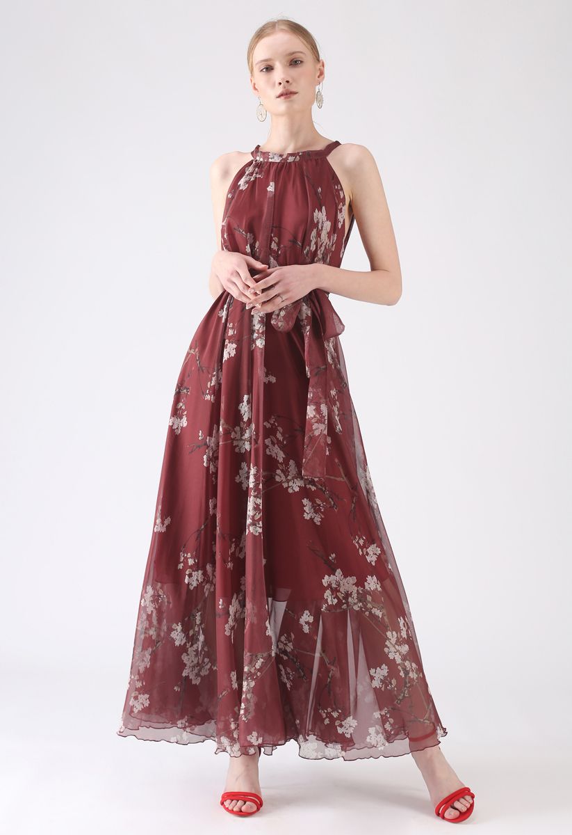 Robe longue aquarelle à fleurs de prunier – couleur bordeaux