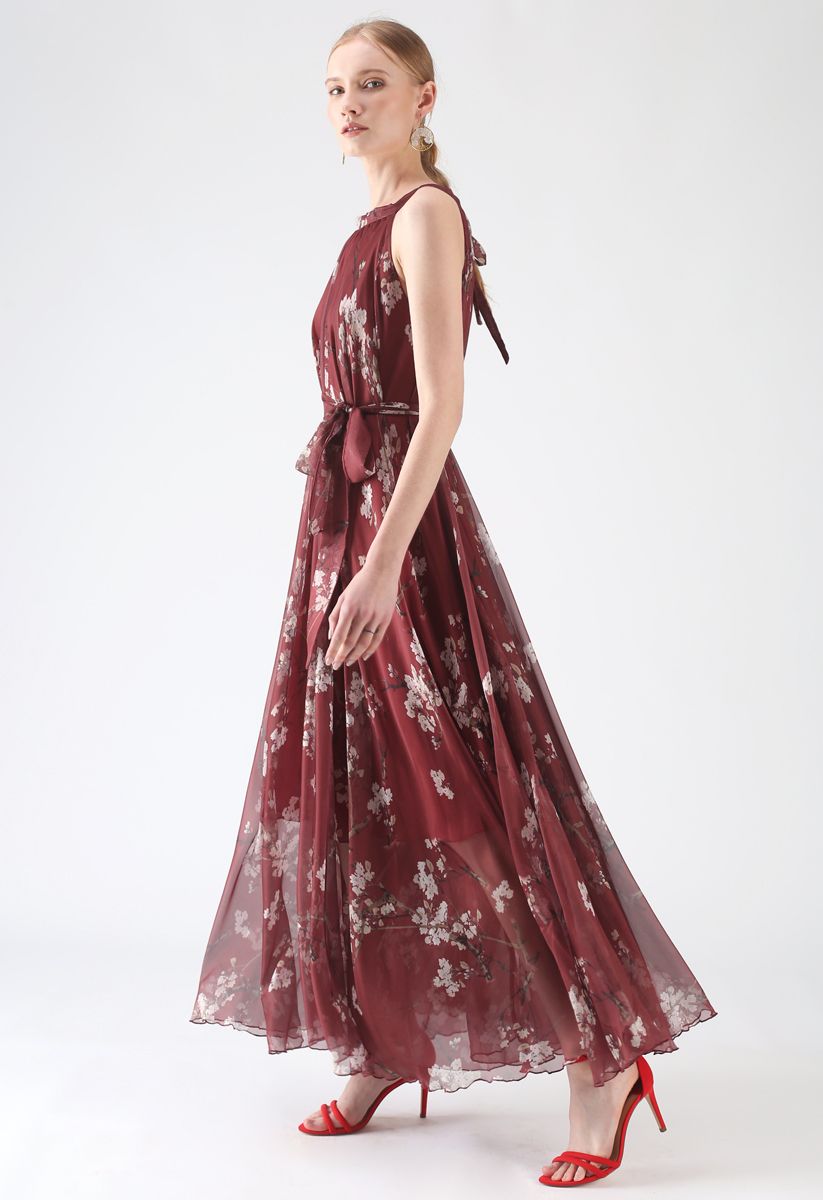 Robe longue aquarelle à fleurs de prunier – couleur bordeaux