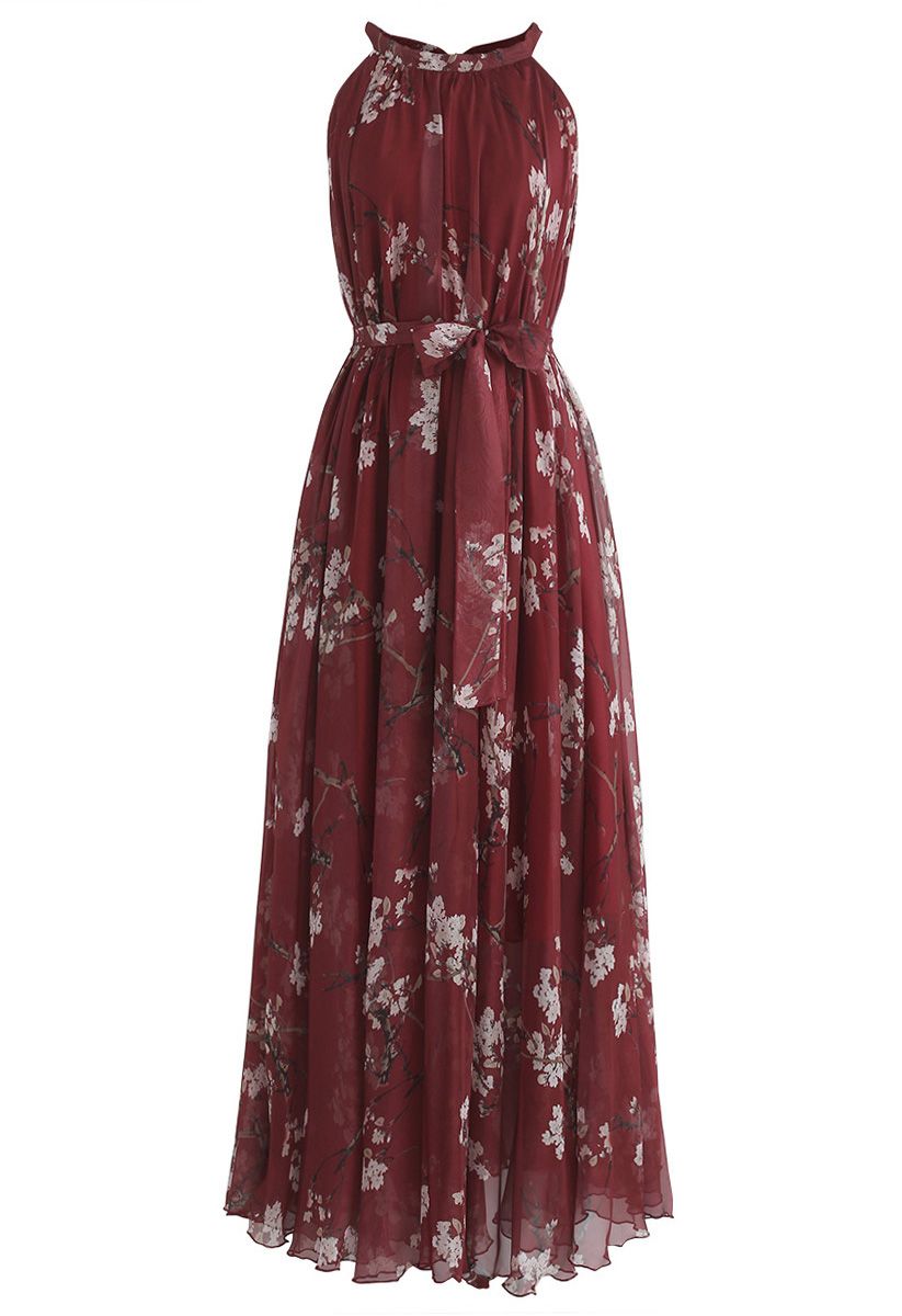 Robe longue aquarelle à fleurs de prunier – couleur bordeaux