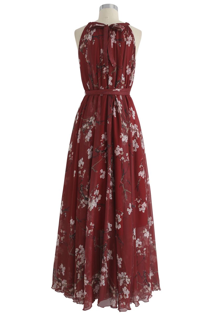 Robe longue aquarelle à fleurs de prunier – couleur bordeaux