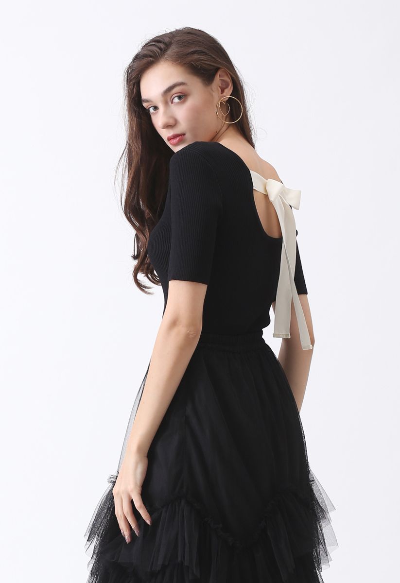 Just for Bowknot Cutout Knit Top en Noir