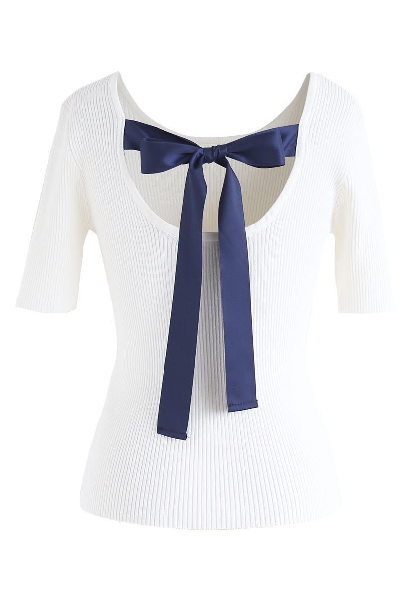 Just for Bowknot Cutout Knit Top en Blanc