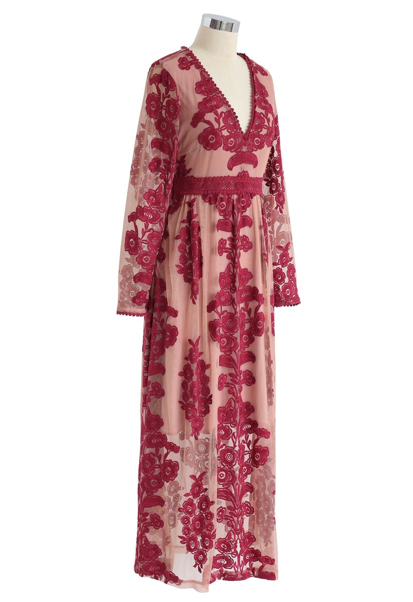 Robe Maxi en Maille Brodée Florale à Col en V en Vin