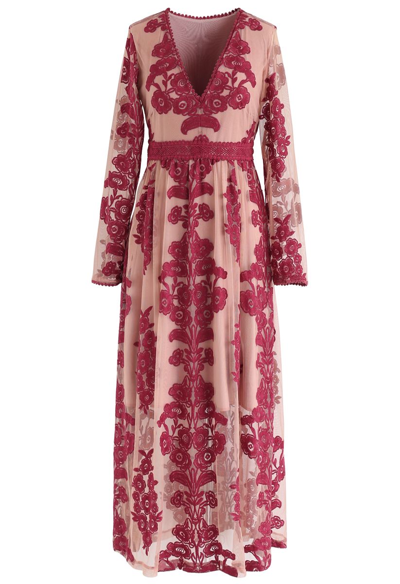 Robe Maxi en Maille Brodée Florale à Col en V en Vin