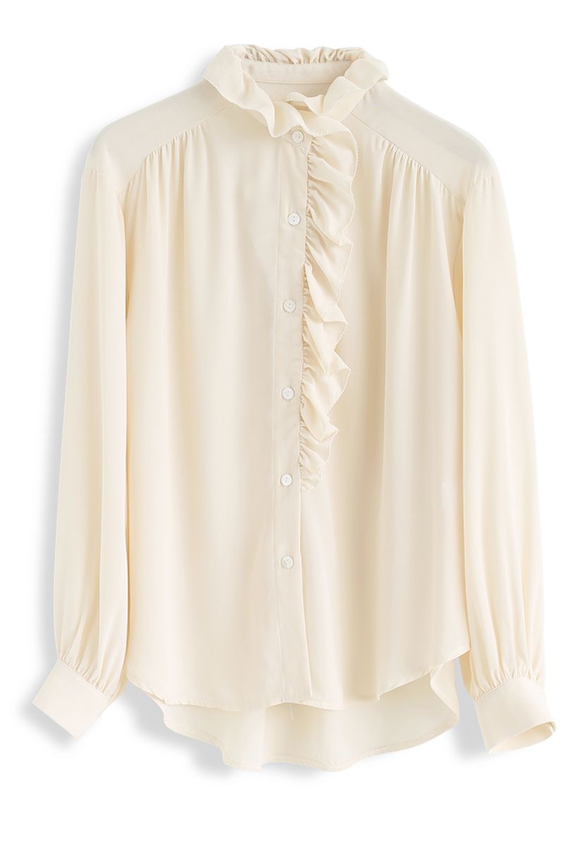 Chemise Hi-Lo boutonnée à volants en crème