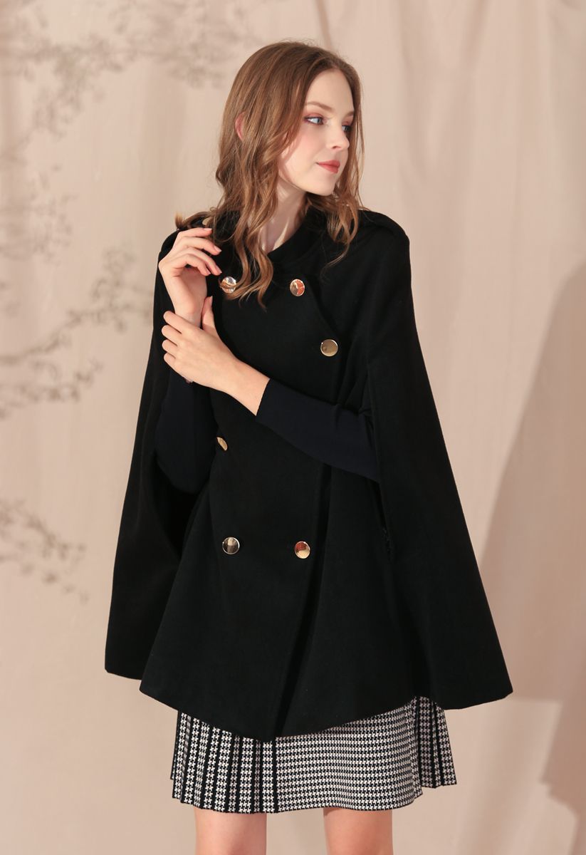 Manteau cape à double boutonnage en noir