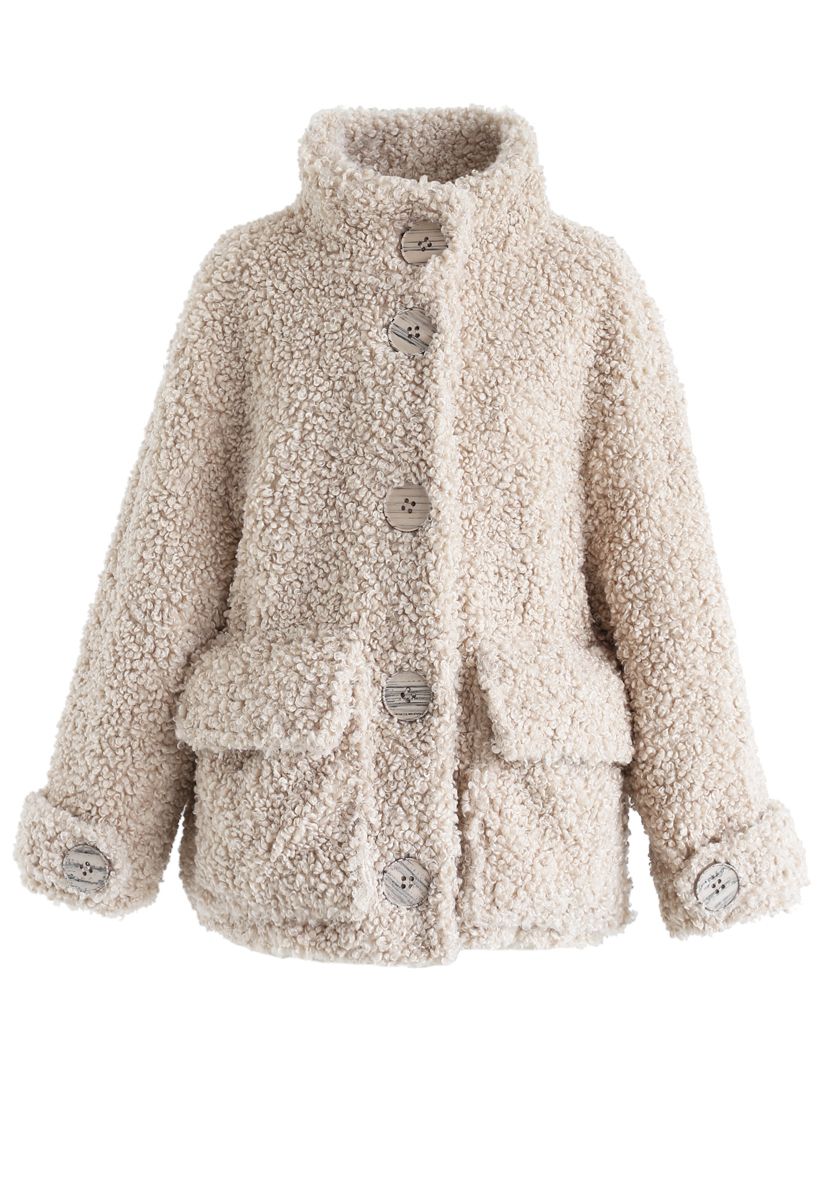 Manteau Teddy avec Poche Boutonnée en Sable