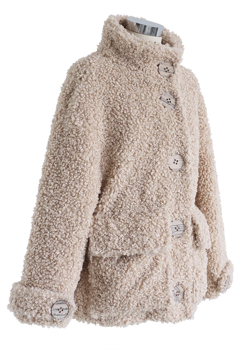 Manteau Teddy avec Poche Boutonnée en Sable