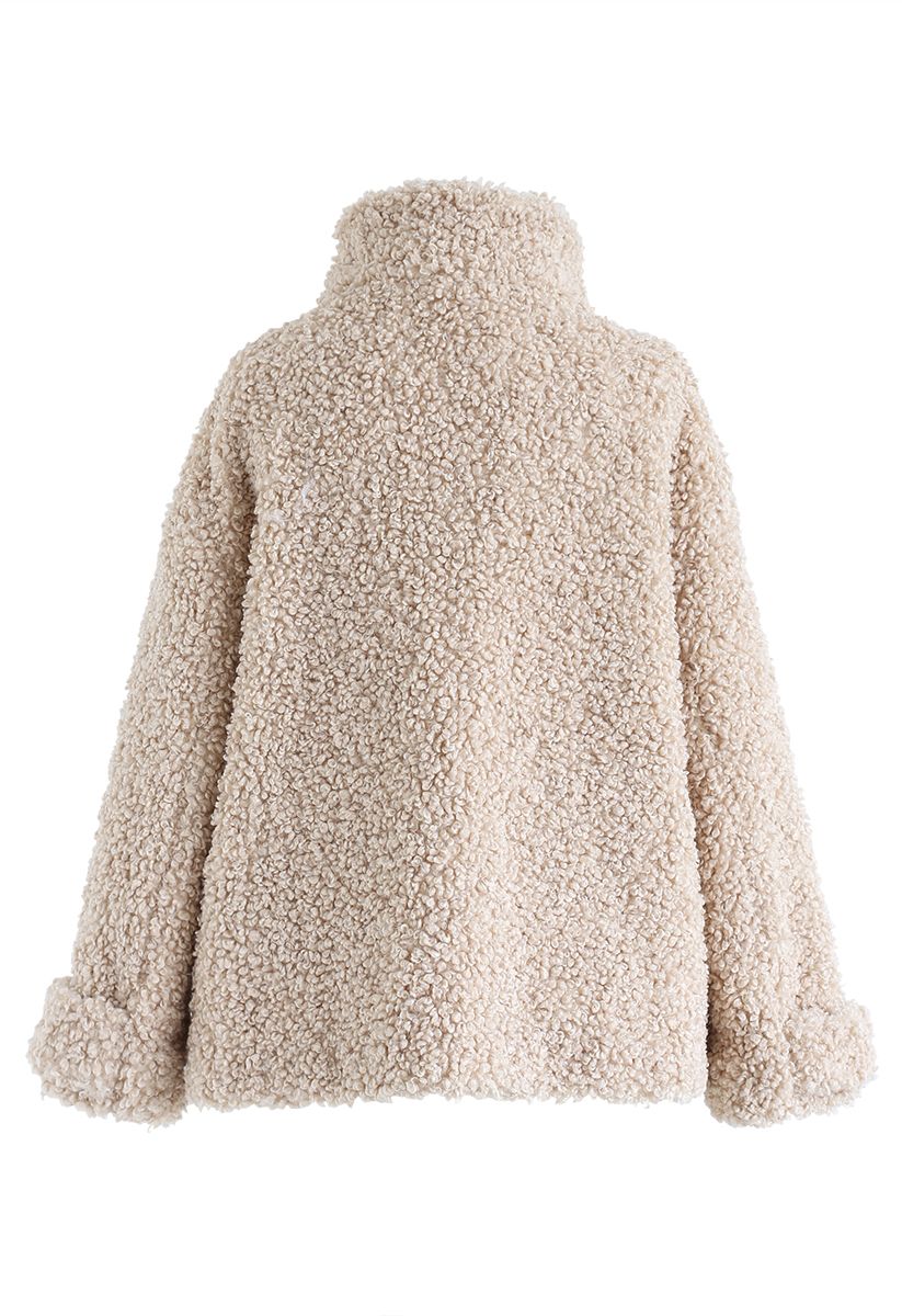 Manteau Teddy avec Poche Boutonnée en Sable