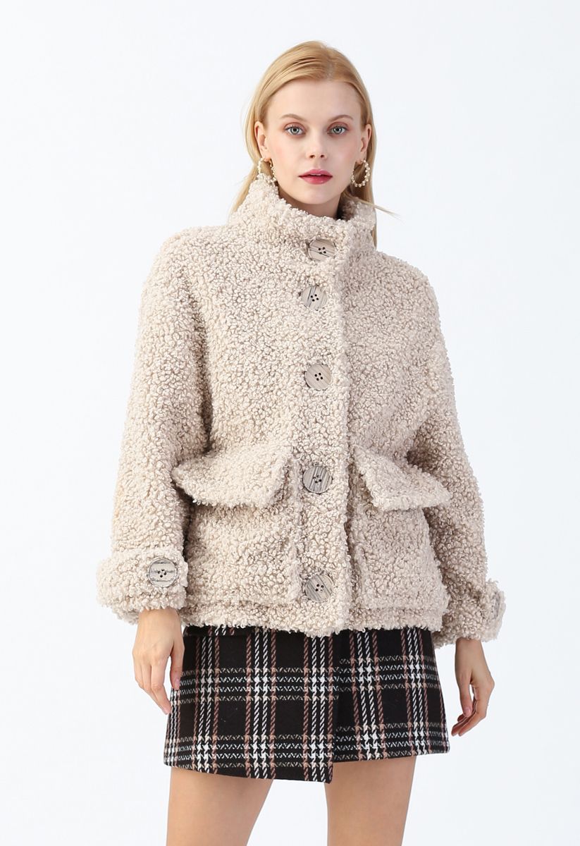 Manteau Teddy avec Poche Boutonnée en Sable