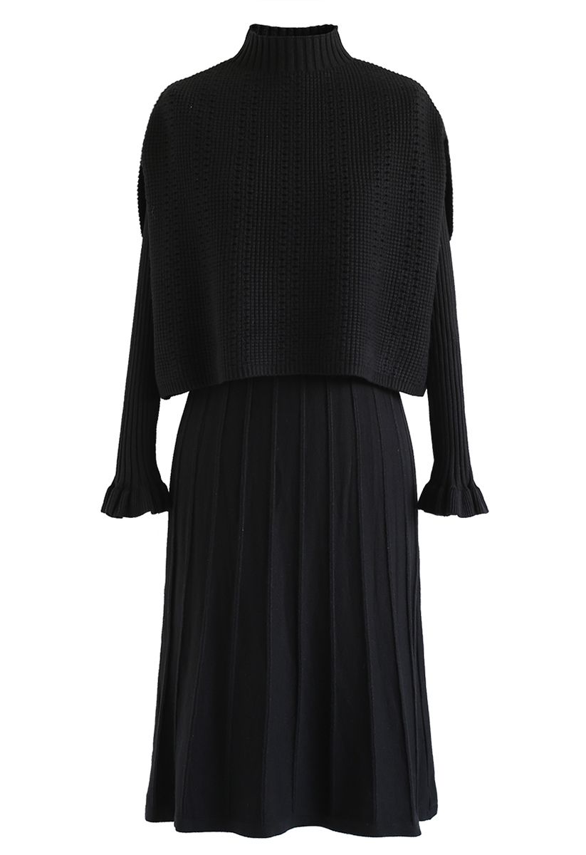 Robe Twinset en Tricot Plissée à Col Montant en Noir