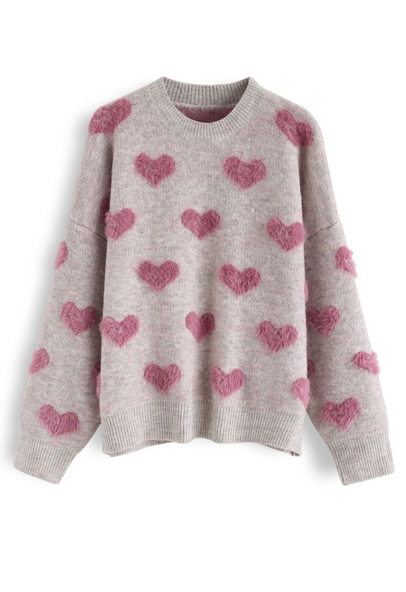 Pull en Tricot Fuzzy Hearts de Couleur Contrastée