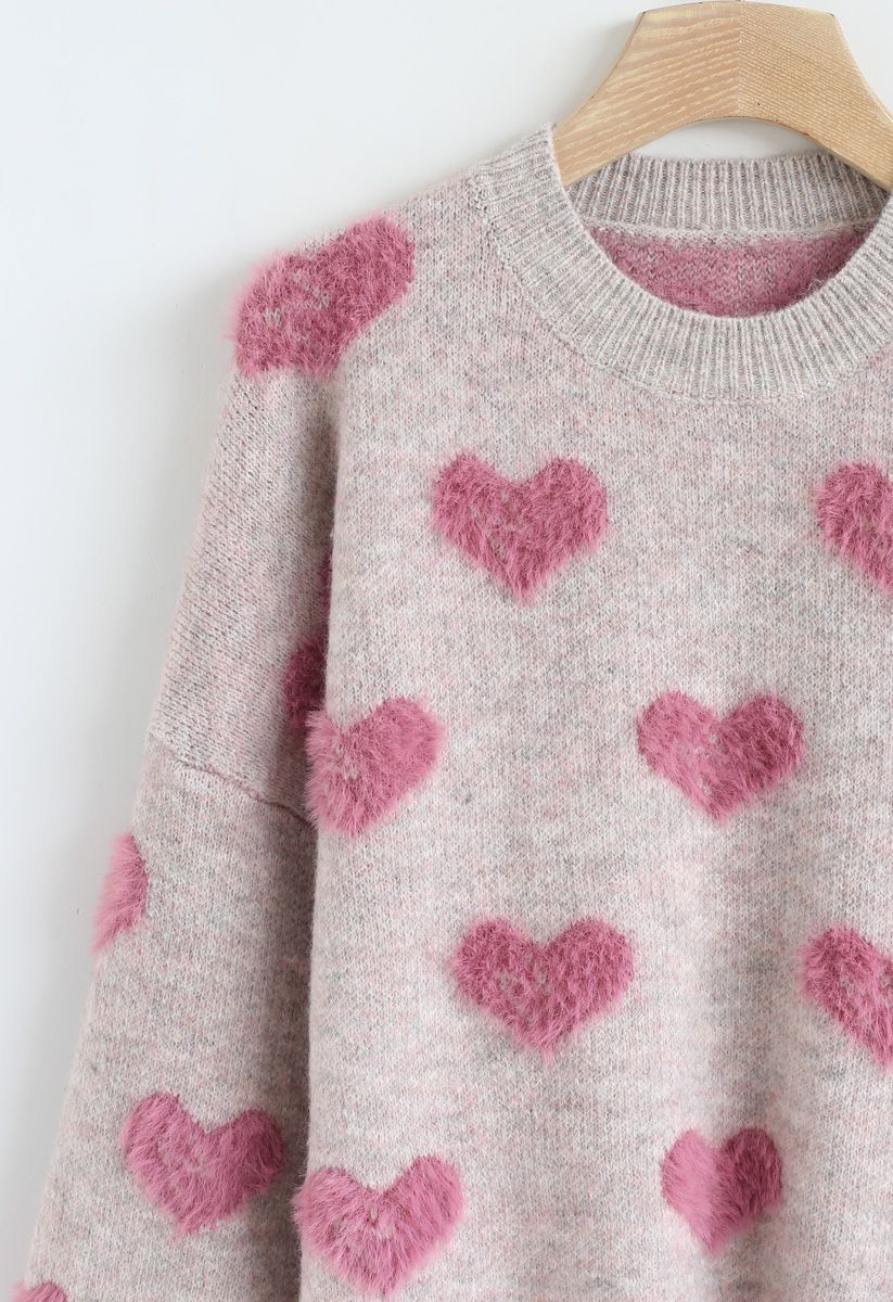 Pull en Tricot Fuzzy Hearts de Couleur Contrastée