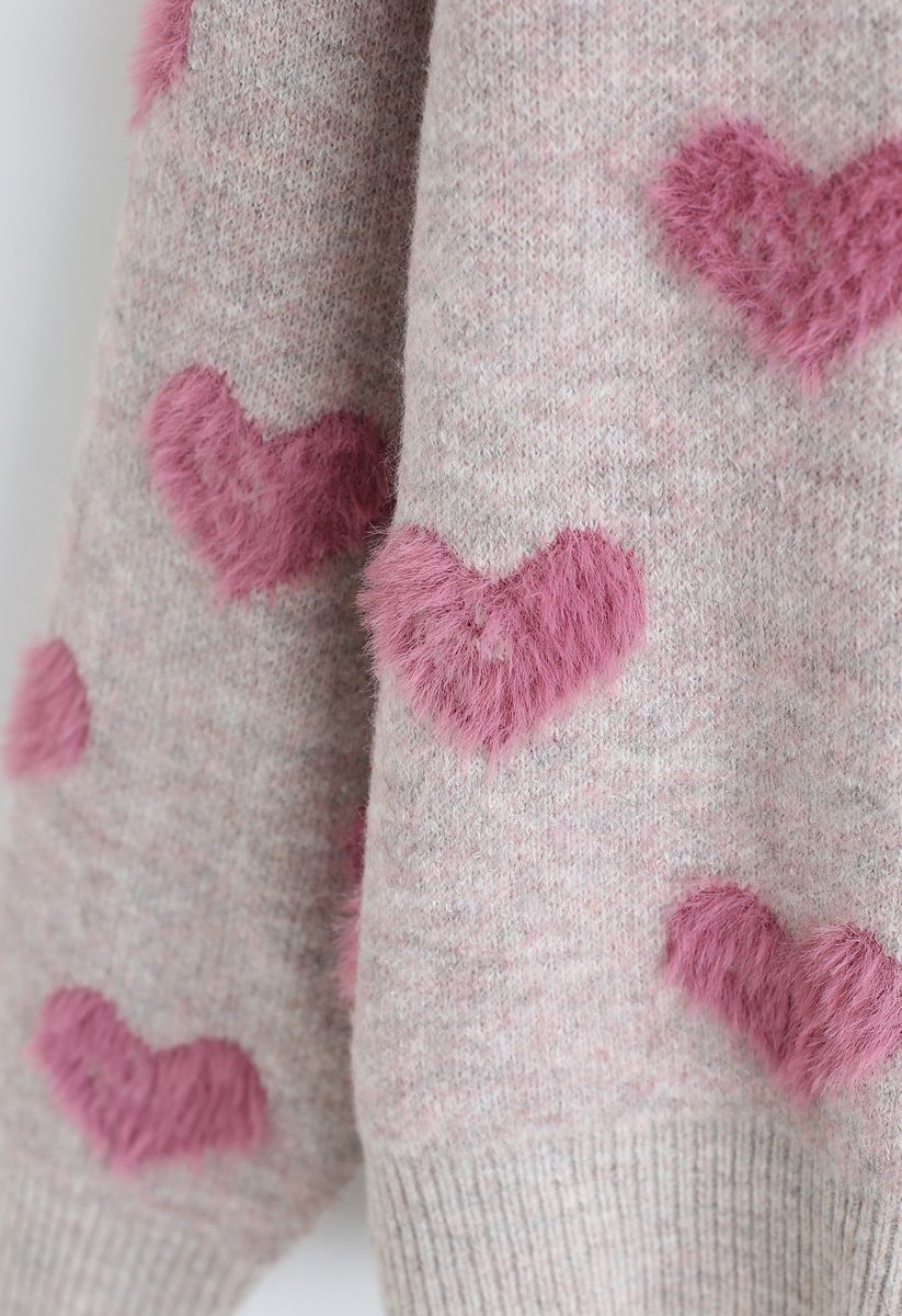 Pull en Tricot Fuzzy Hearts de Couleur Contrastée