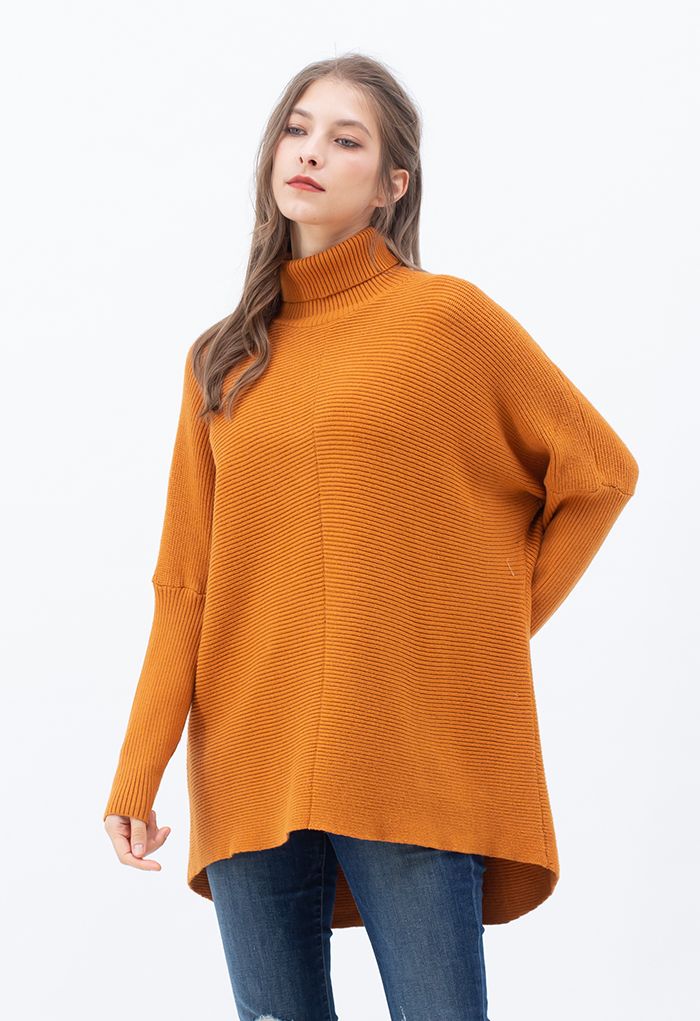 Chic sans effort Pull Col Roulé Manches Chauve-Souris Salut-Lo en Caramel