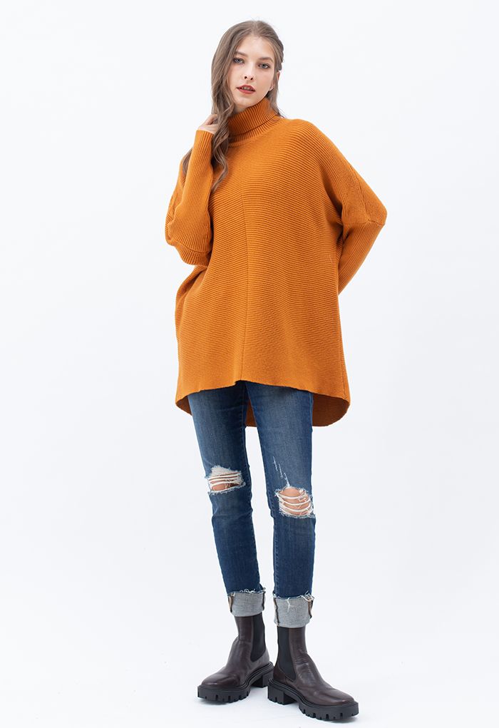 Chic sans effort Pull Col Roulé Manches Chauve-Souris Salut-Lo en Caramel