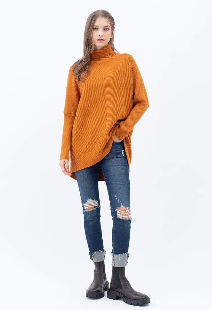 Chic sans effort Pull Col Roulé Manches Chauve-Souris Salut-Lo en Caramel