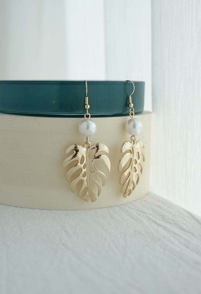 Pendants d'oreilles feuille tropicale et perle