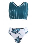 Ensemble de bikini feuille tropicale à imprimé rayé et dos croisé