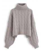 Pull Court en Tricot Tressé à Col Roulé en Taupe