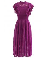 Robe mi-longue en dentelle à volants et sans manches en magenta