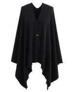 Cape poncho boutonnée en tricot côtelé en noir