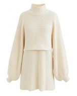 Ensemble pull court à col montant et robe en tricot sans manches en crème