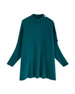 Poncho en tricot à col haut et rabat boutonné sur le côté en turquoise