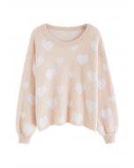 Pull en Tricot Fuzzy Contrast Heart en Rose Nude