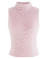 Débardeur en Tricot Fuzzy à Col Haut en Rose