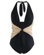 Maillot de Bain Deux Tons à Nouer Bowknot Halter en Noir