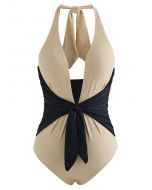 Maillot de Bain Deux Tons à Nouer Bowknot Halter en Camel